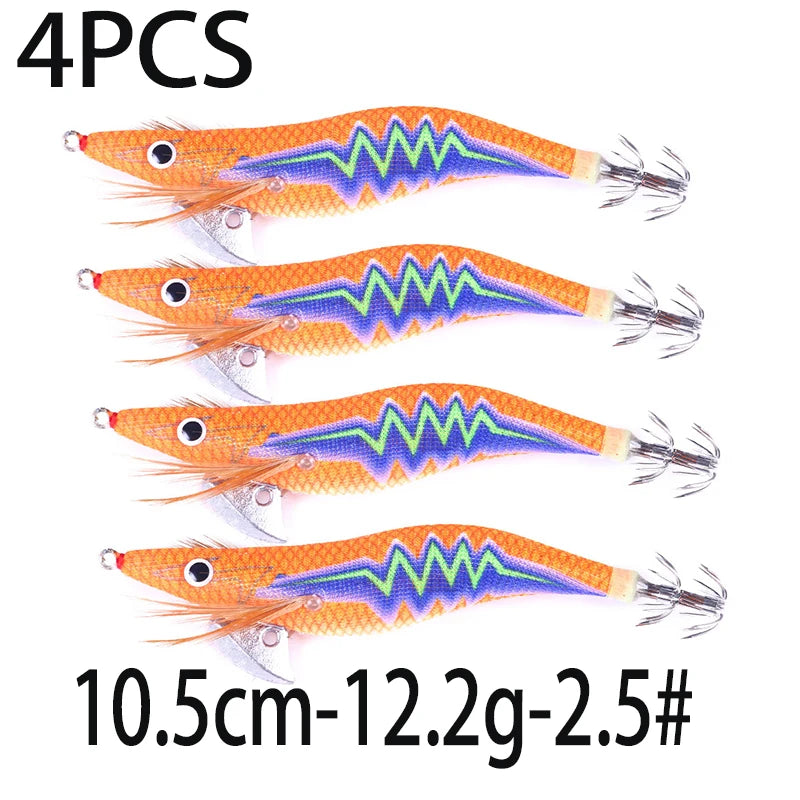 Luminous Squid Jig Fishing Lure 6.6g/12.5g/15.7g/21.6g Wood Shrimp Cuttlefish Jigs Lure for River Lake Ocean Beach Fishing