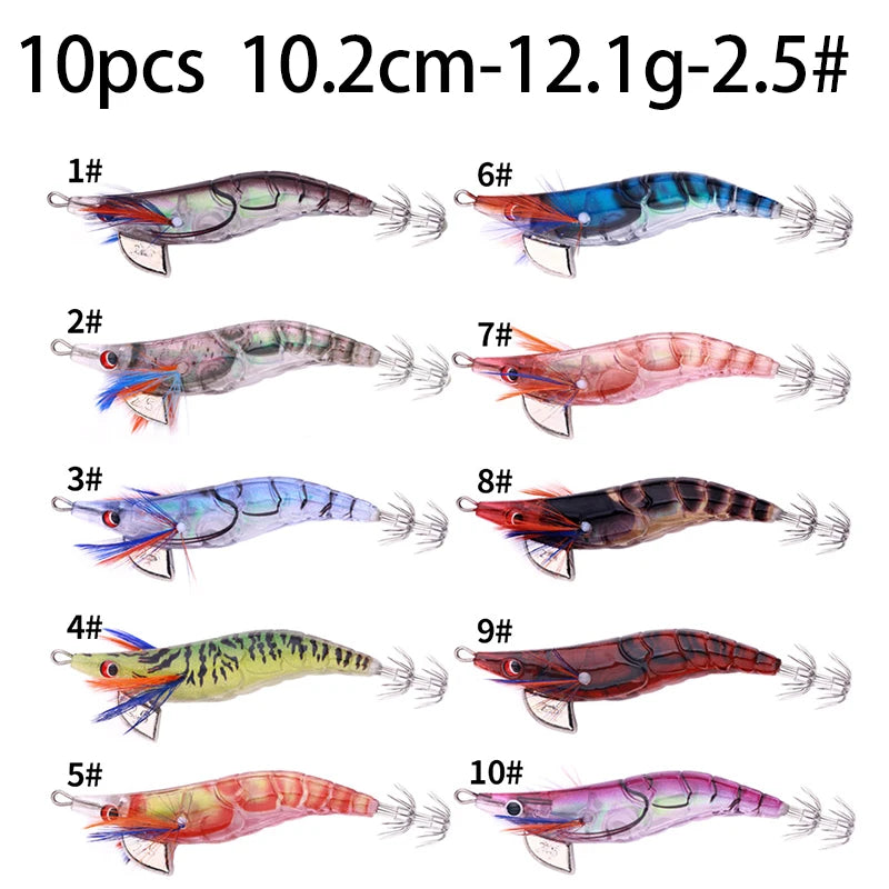 Luminous Squid Jig Fishing Lure 6.6g/12.5g/15.7g/21.6g Wood Shrimp Cuttlefish Jigs Lure for River Lake Ocean Beach Fishing