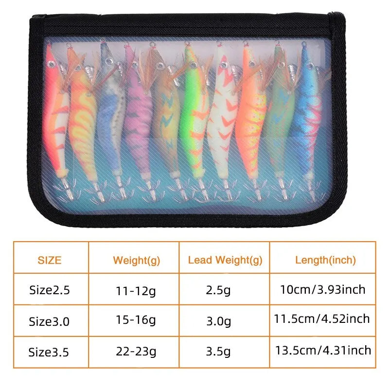 10PCS Luminous Squid Octopus Lure Wood Shrimp 3D Eyes Hard Bait Wobbler Squid Jig Fishing Lure with Bag for Ocean Beach River