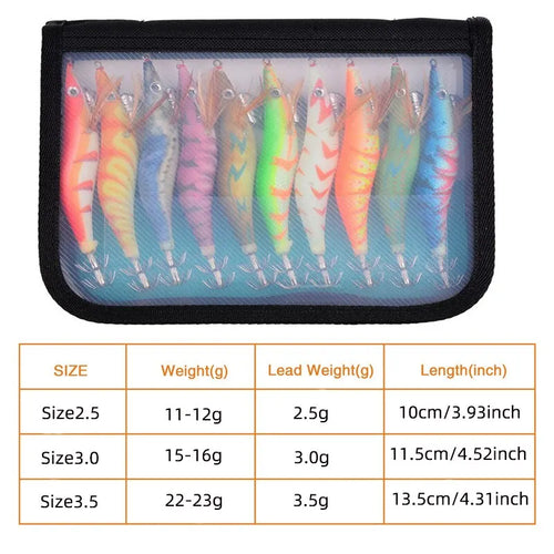 10PCS Luminous Squid Octopus Lure Wood Shrimp 3D Eyes Hard Bait Wobbler Squid Jig Fishing Lure with Bag for Ocean Beach River