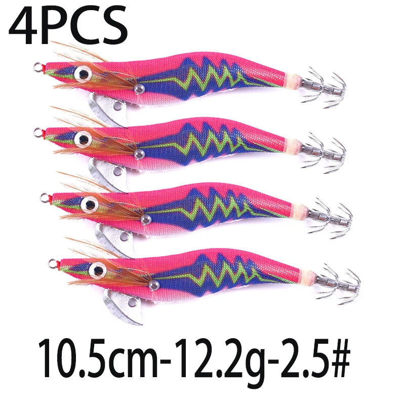 Luminous Squid Jig Fishing Lure 6.6g/12.5g/15.7g/21.6g Wood Shrimp Cuttlefish Jigs Lure for River Lake Ocean Beach Fishing