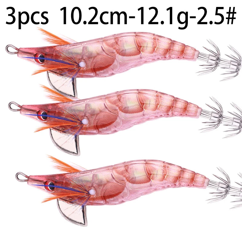 Luminous Squid Jig Fishing Lure 6.6g/12.5g/15.7g/21.6g Wood Shrimp Cuttlefish Jigs Lure for River Lake Ocean Beach Fishing