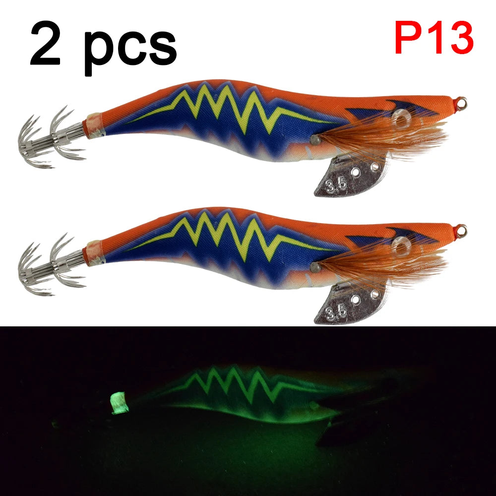 2 pcs Premium Wooden Fishing Lure Squid Jig Hook- Realistic Shrimp and Cuttlefish Design - Hard Bait for Saltwater and Freshwat