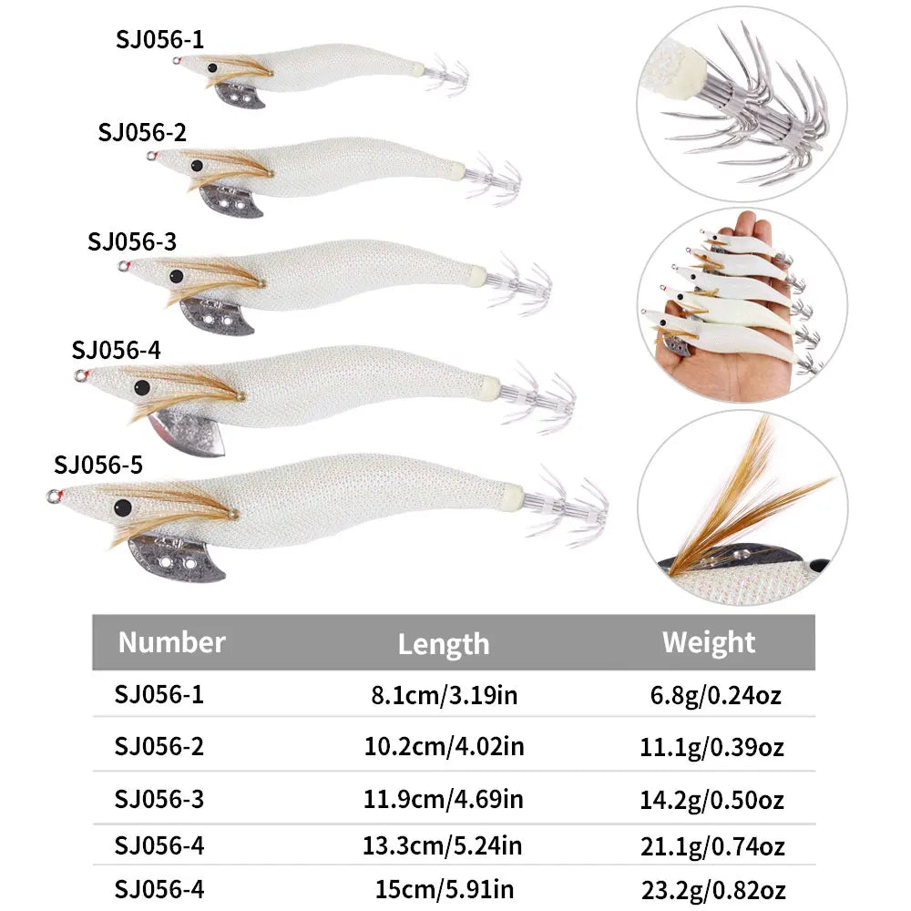 Luminous Squid Jig Fishing Lure 6.6g/12.5g/15.7g/21.6g Wood Shrimp Cuttlefish Jigs Lure for River Lake Ocean Beach Fishing