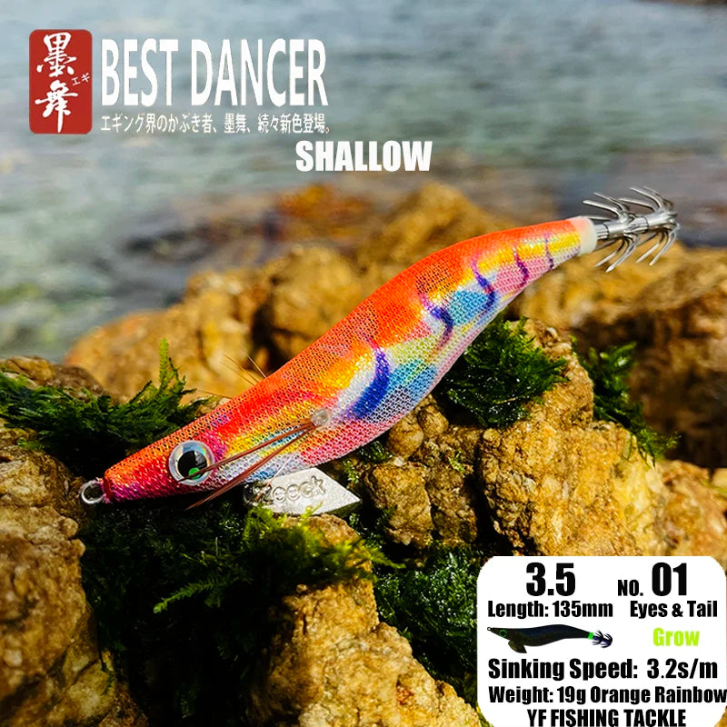 FUKUSHIMA 3.5 Squid Jig EGI Lure Wood Shrimp Bait Glow Sound Sharp Hooks Silk Skin 19g Shallow Water Fishing Lure for Ocean
