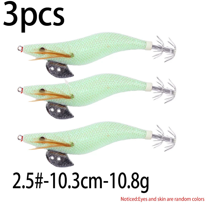 Luminous Squid Jig Fishing Lure 6.6g/12.5g/15.7g/21.6g Wood Shrimp Cuttlefish Jigs Lure for River Lake Ocean Beach Fishing