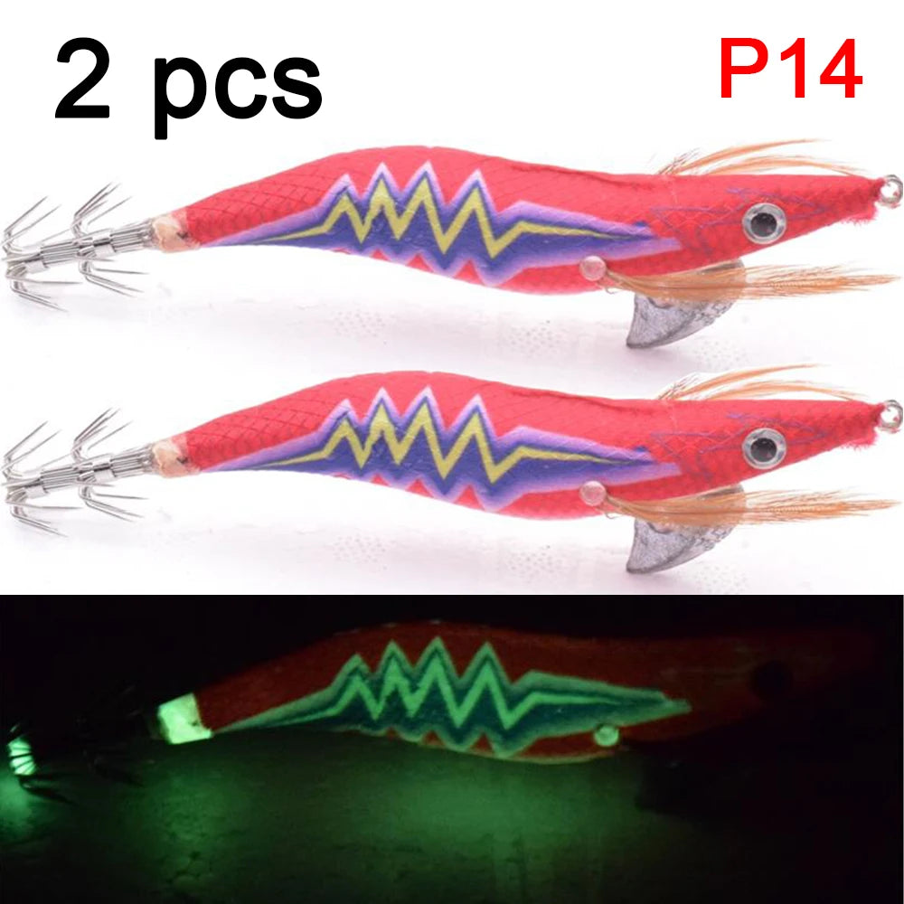 2 pcs Premium Wooden Fishing Lure Squid Jig Hook- Realistic Shrimp and Cuttlefish Design - Hard Bait for Saltwater and Freshwat