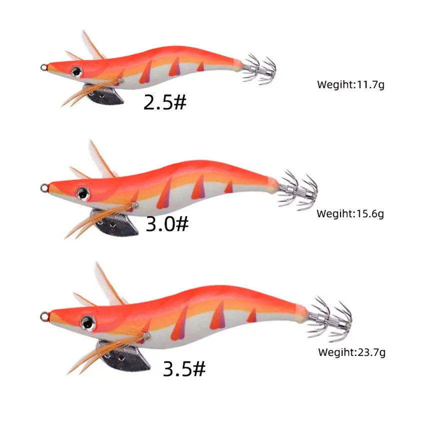 10PCS Luminous Squid Octopus Lure Wood Shrimp 3D Eyes Hard Bait Wobbler Squid Jig Fishing Lure with Bag for Ocean Beach River