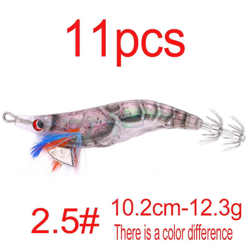 Luminous Squid Jig Fishing Lure 6.6g/12.5g/15.7g/21.6g Wood Shrimp Cuttlefish Jigs Lure for River Lake Ocean Beach Fishing