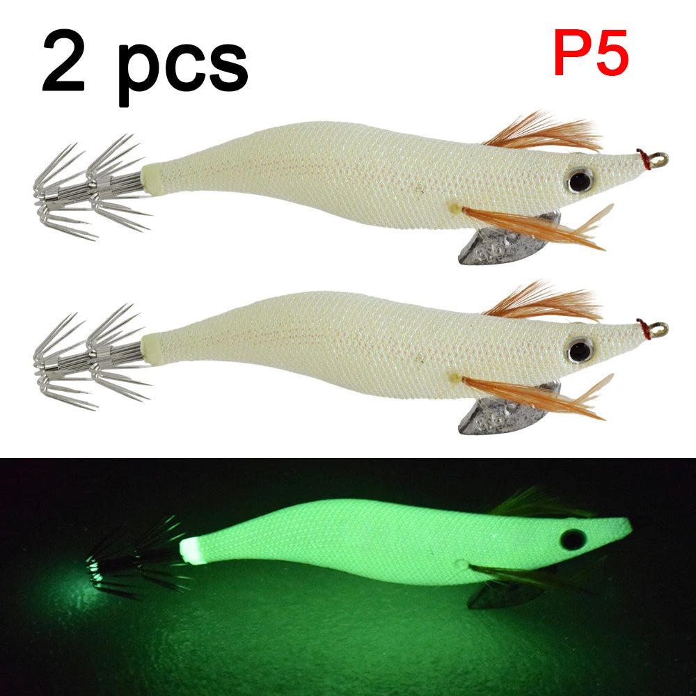 2 pcs Premium Wooden Fishing Lure Squid Jig Hook- Realistic Shrimp and Cuttlefish Design - Hard Bait for Saltwater and Freshwat