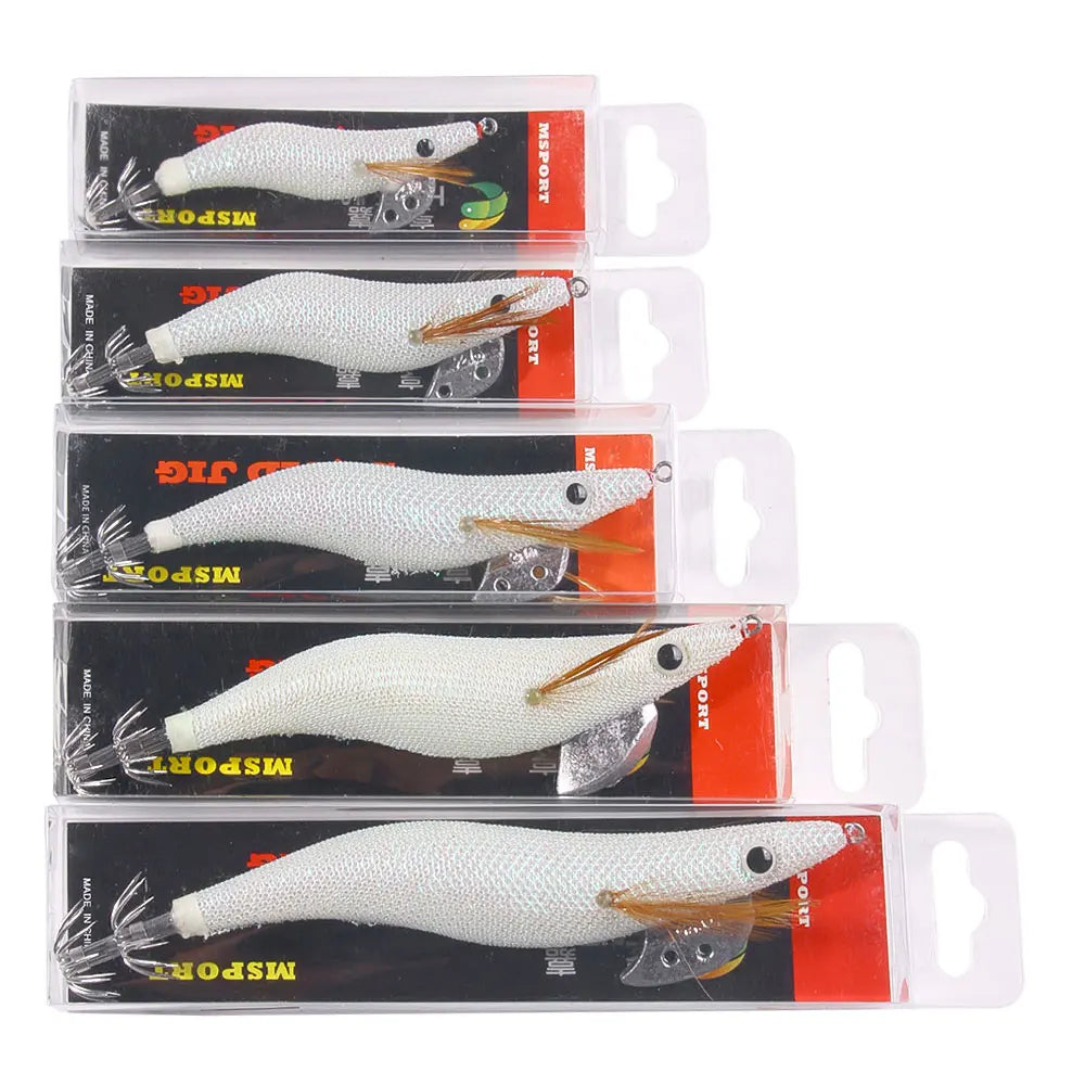 Luminous Squid Jig Fishing Lure 6.6g/12.5g/15.7g/21.6g Wood Shrimp Cuttlefish Jigs Lure for River Lake Ocean Beach Fishing