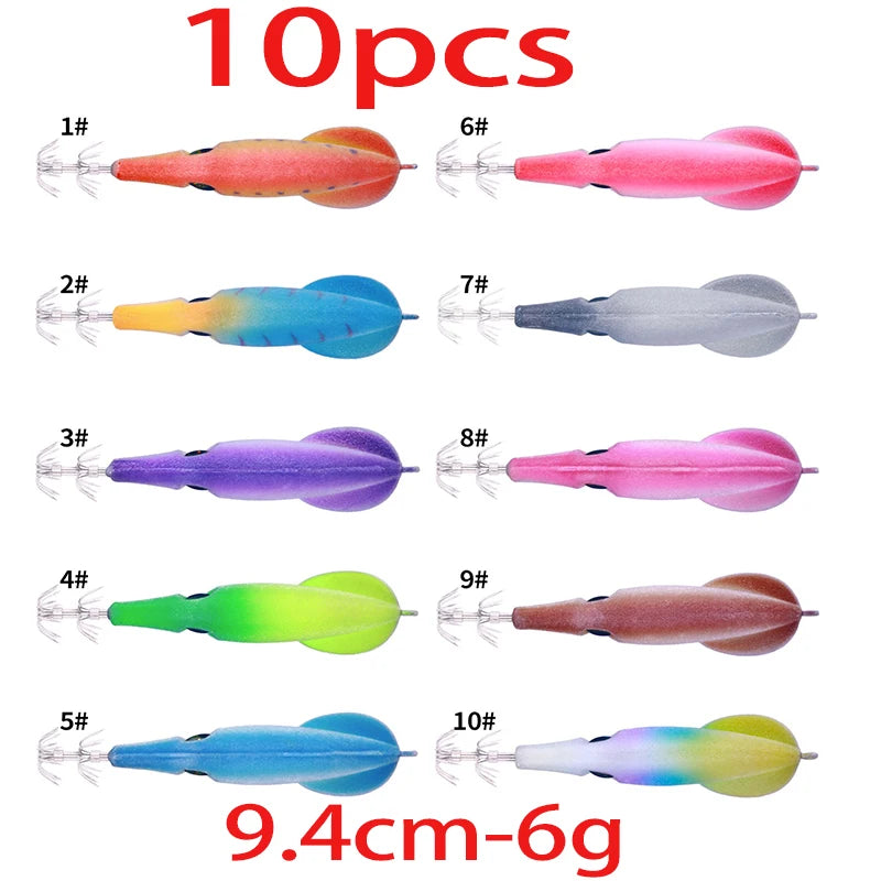 Luminous Squid Jig Fishing Lure 6.6g/12.5g/15.7g/21.6g Wood Shrimp Cuttlefish Jigs Lure for River Lake Ocean Beach Fishing