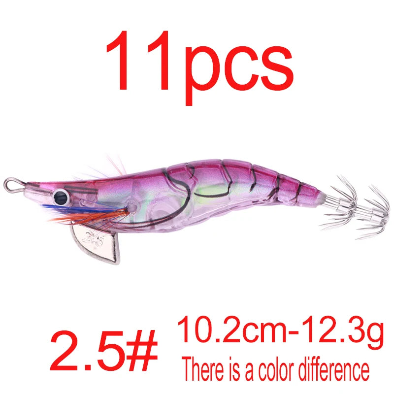 Luminous Squid Jig Fishing Lure 6.6g/12.5g/15.7g/21.6g Wood Shrimp Cuttlefish Jigs Lure for River Lake Ocean Beach Fishing