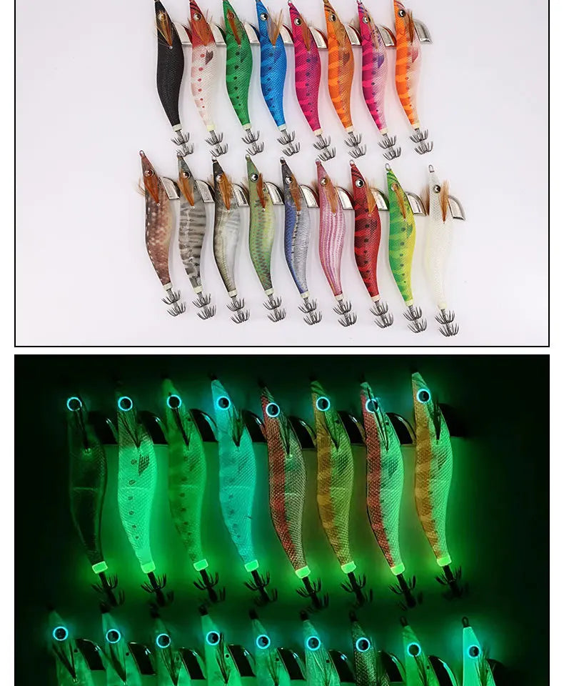YAMASHITA NEW Japan Squid Hook Wood Shrimp Bait EGI-OH F Luminous Glow 20 Colors Ocean Beach Fishing Lure #2.0 to #3.5 Sizes 6.5g/10g/15g