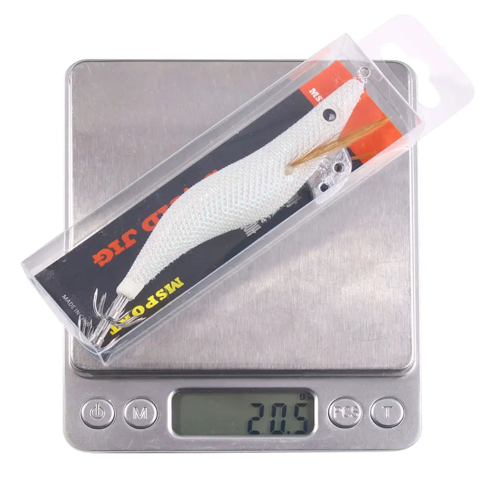 Luminous Squid Jig Fishing Lure 6.6g/12.5g/15.7g/21.6g Wood Shrimp Cuttlefish Jigs Lure for River Lake Ocean Beach Fishing