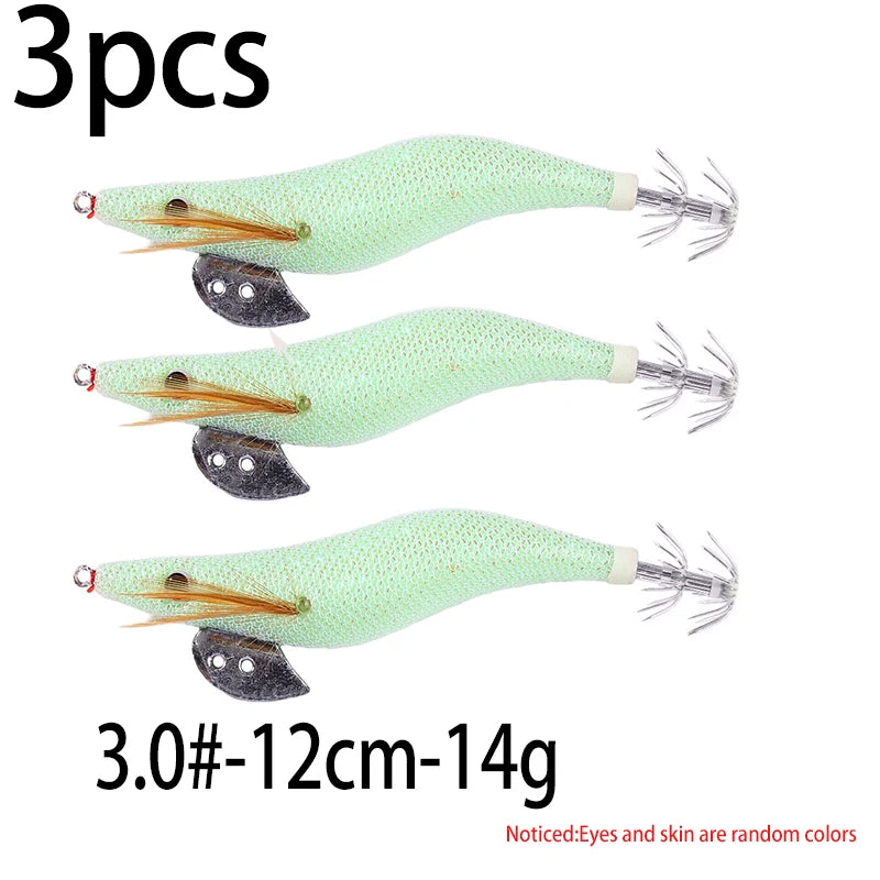 Luminous Squid Jig Fishing Lure 6.6g/12.5g/15.7g/21.6g Wood Shrimp Cuttlefish Jigs Lure for River Lake Ocean Beach Fishing