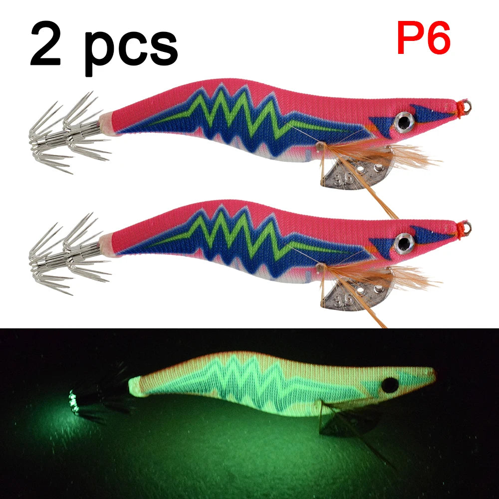 2 pcs Premium Wooden Fishing Lure Squid Jig Hook- Realistic Shrimp and Cuttlefish Design - Hard Bait for Saltwater and Freshwat