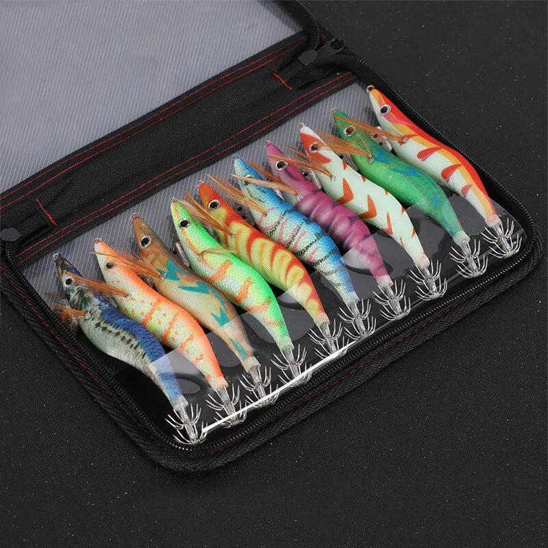 10PCS Luminous Squid Octopus Lure Wood Shrimp 3D Eyes Hard Bait Wobbler Squid Jig Fishing Lure with Bag for Ocean Beach River