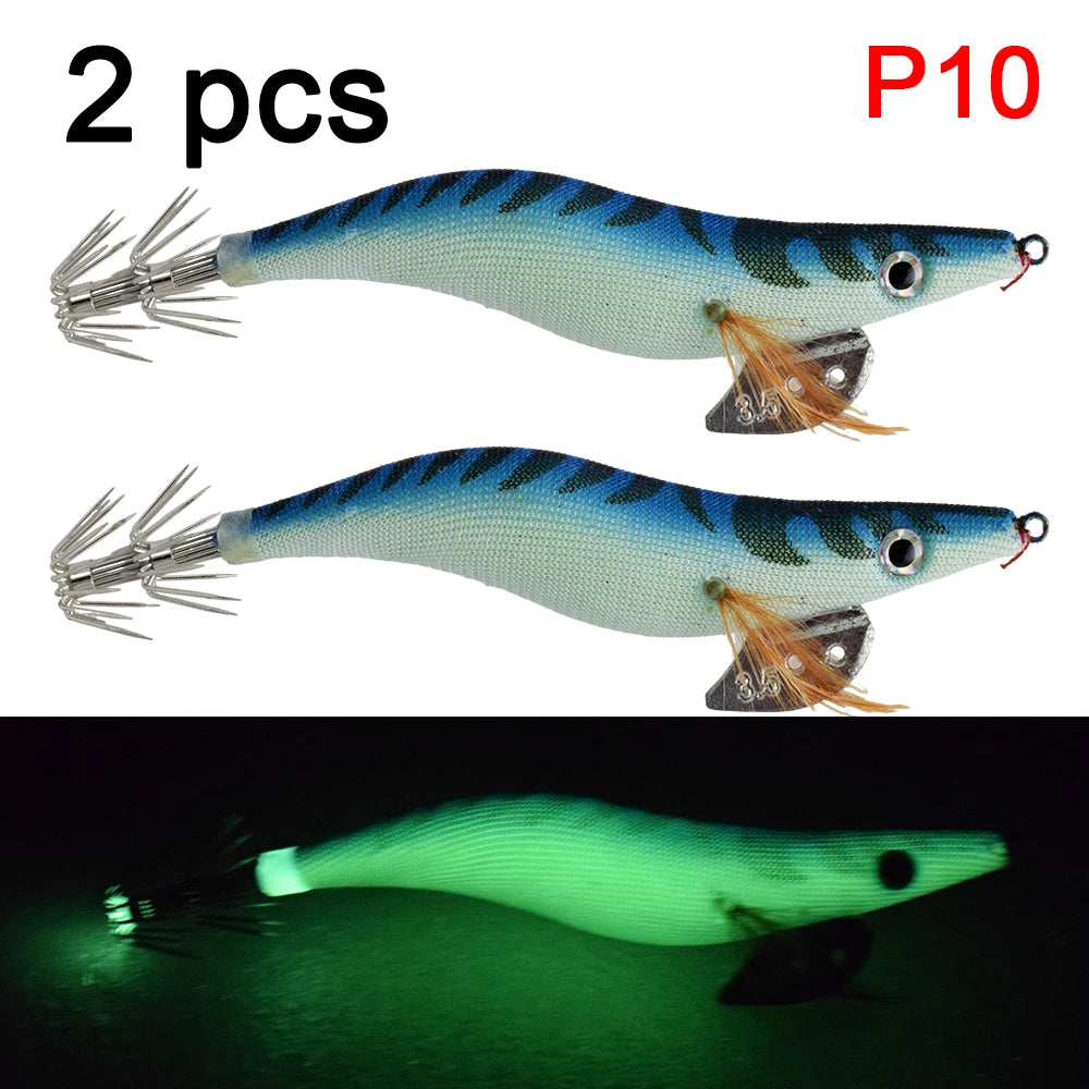 2 pcs Premium Wooden Fishing Lure Squid Jig Hook- Realistic Shrimp and Cuttlefish Design - Hard Bait for Saltwater and Freshwat