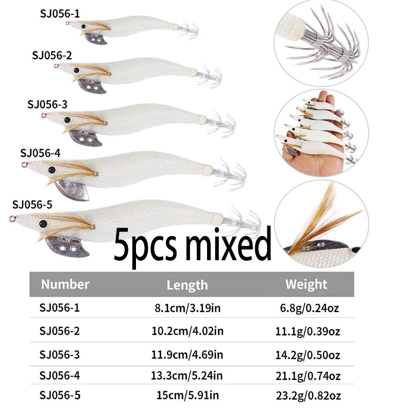 Luminous Squid Jig Fishing Lure 6.6g/12.5g/15.7g/21.6g Wood Shrimp Cuttlefish Jigs Lure for River Lake Ocean Beach Fishing