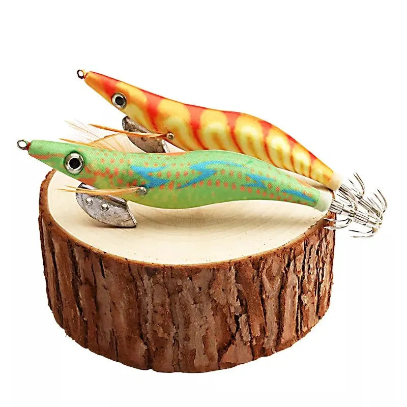 10PCS Luminous Squid Octopus Lure Wood Shrimp 3D Eyes Hard Bait Wobbler Squid Jig Fishing Lure with Bag for Ocean Beach River