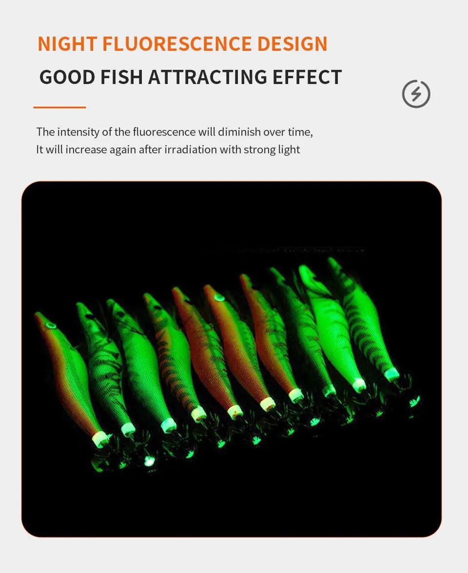 10PCS Luminous Squid Octopus Lure Wood Shrimp 3D Eyes Hard Bait Wobbler Squid Jig Fishing Lure with Bag for Ocean Beach River