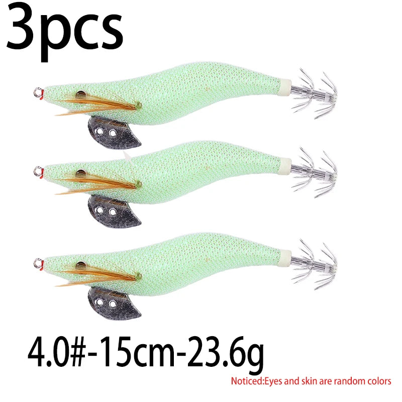 Luminous Squid Jig Fishing Lure 6.6g/12.5g/15.7g/21.6g Wood Shrimp Cuttlefish Jigs Lure for River Lake Ocean Beach Fishing