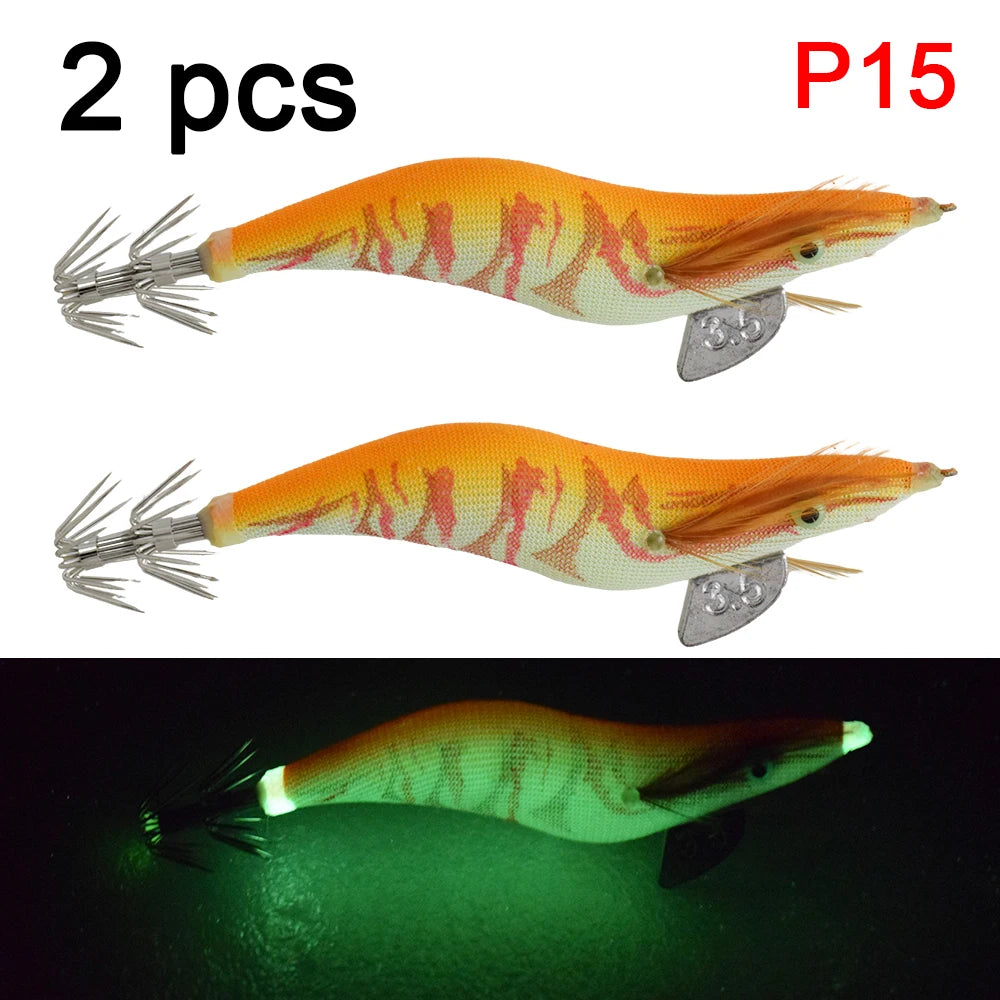 2 pcs Premium Wooden Fishing Lure Squid Jig Hook- Realistic Shrimp and Cuttlefish Design - Hard Bait for Saltwater and Freshwat