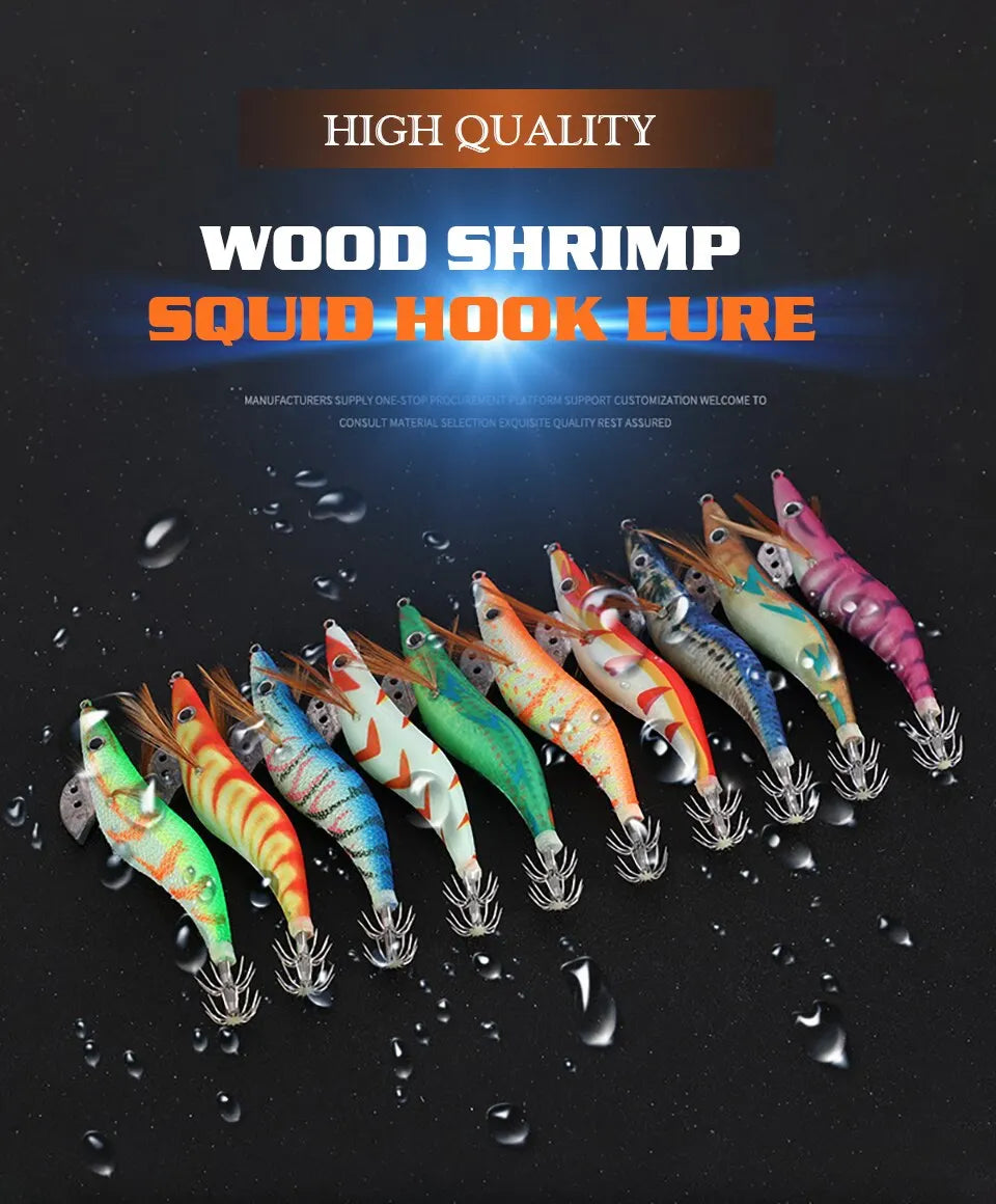 10PCS Luminous Squid Octopus Lure Wood Shrimp 3D Eyes Hard Bait Wobbler Squid Jig Fishing Lure with Bag for Ocean Beach River