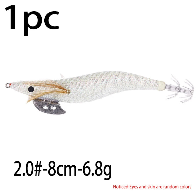 Luminous Squid Jig Fishing Lure 6.6g/12.5g/15.7g/21.6g Wood Shrimp Cuttlefish Jigs Lure for River Lake Ocean Beach Fishing