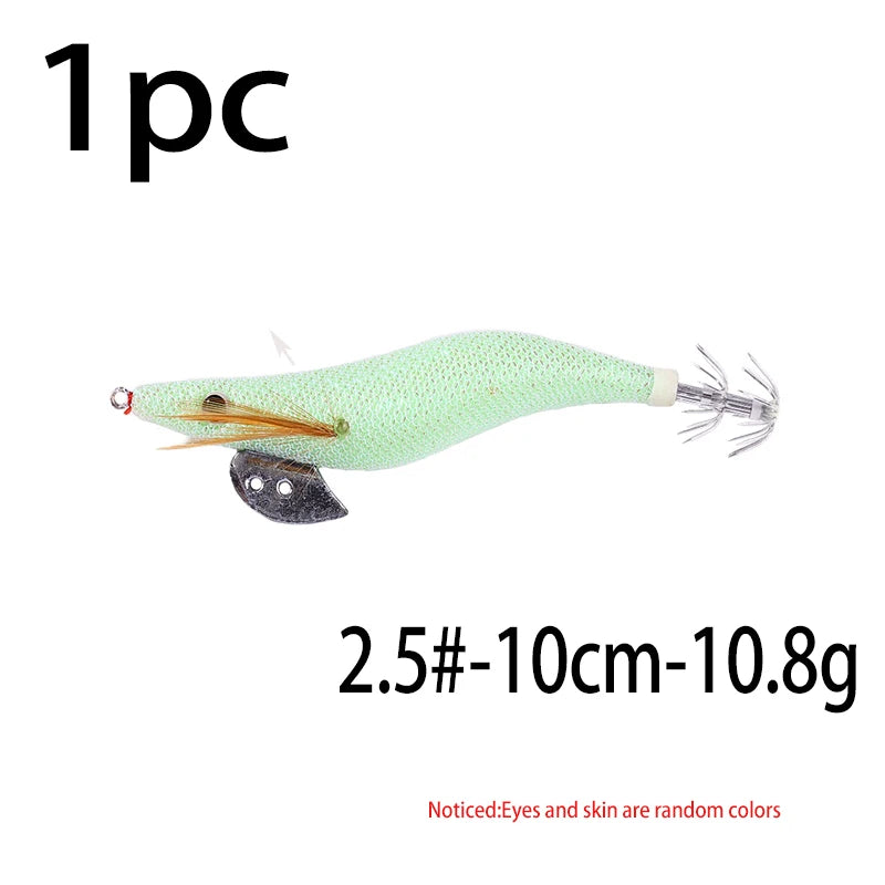 Luminous Squid Jig Fishing Lure 6.6g/12.5g/15.7g/21.6g Wood Shrimp Cuttlefish Jigs Lure for River Lake Ocean Beach Fishing