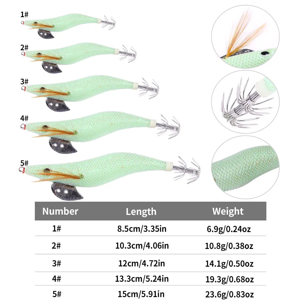Luminous Squid Jig Fishing Lure 6.6g/12.5g/15.7g/21.6g Wood Shrimp Cuttlefish Jigs Lure for River Lake Ocean Beach Fishing