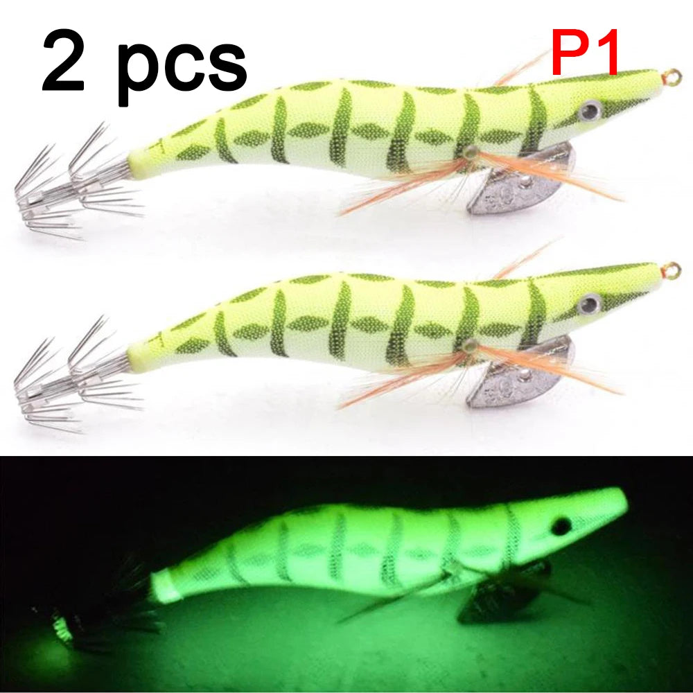 2 pcs Premium Wooden Fishing Lure Squid Jig Hook- Realistic Shrimp and Cuttlefish Design - Hard Bait for Saltwater and Freshwat