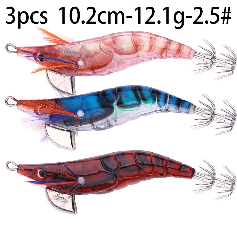 Luminous Squid Jig Fishing Lure 6.6g/12.5g/15.7g/21.6g Wood Shrimp Cuttlefish Jigs Lure for River Lake Ocean Beach Fishing