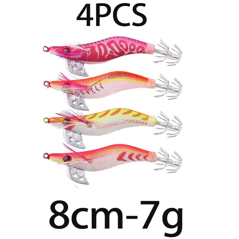Luminous Squid Jig Fishing Lure 6.6g/12.5g/15.7g/21.6g Wood Shrimp Cuttlefish Jigs Lure for River Lake Ocean Beach Fishing