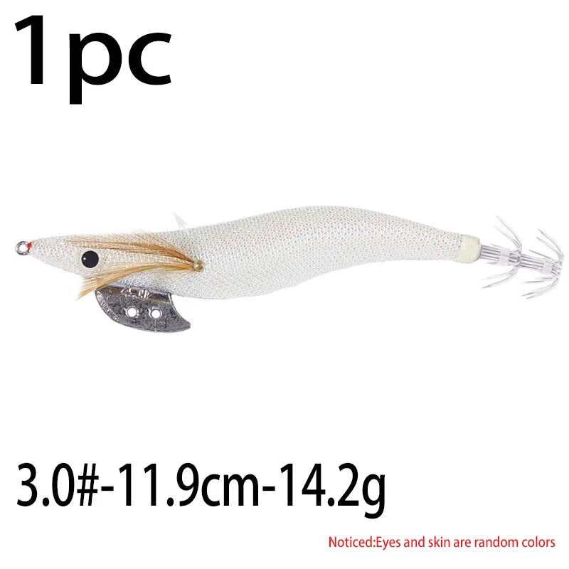 Luminous Squid Jig Fishing Lure 6.6g/12.5g/15.7g/21.6g Wood Shrimp Cuttlefish Jigs Lure for River Lake Ocean Beach Fishing