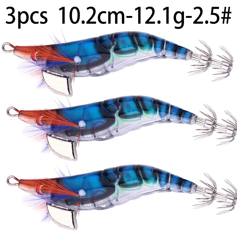 Luminous Squid Jig Fishing Lure 6.6g/12.5g/15.7g/21.6g Wood Shrimp Cuttlefish Jigs Lure for River Lake Ocean Beach Fishing