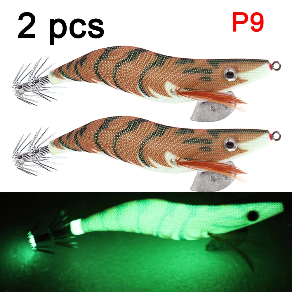 2 pcs Premium Wooden Fishing Lure Squid Jig Hook- Realistic Shrimp and Cuttlefish Design - Hard Bait for Saltwater and Freshwat