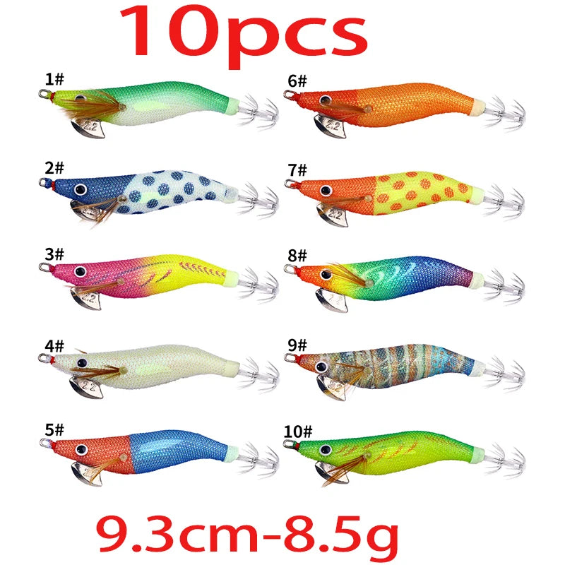 Luminous Squid Jig Fishing Lure 6.6g/12.5g/15.7g/21.6g Wood Shrimp Cuttlefish Jigs Lure for River Lake Ocean Beach Fishing