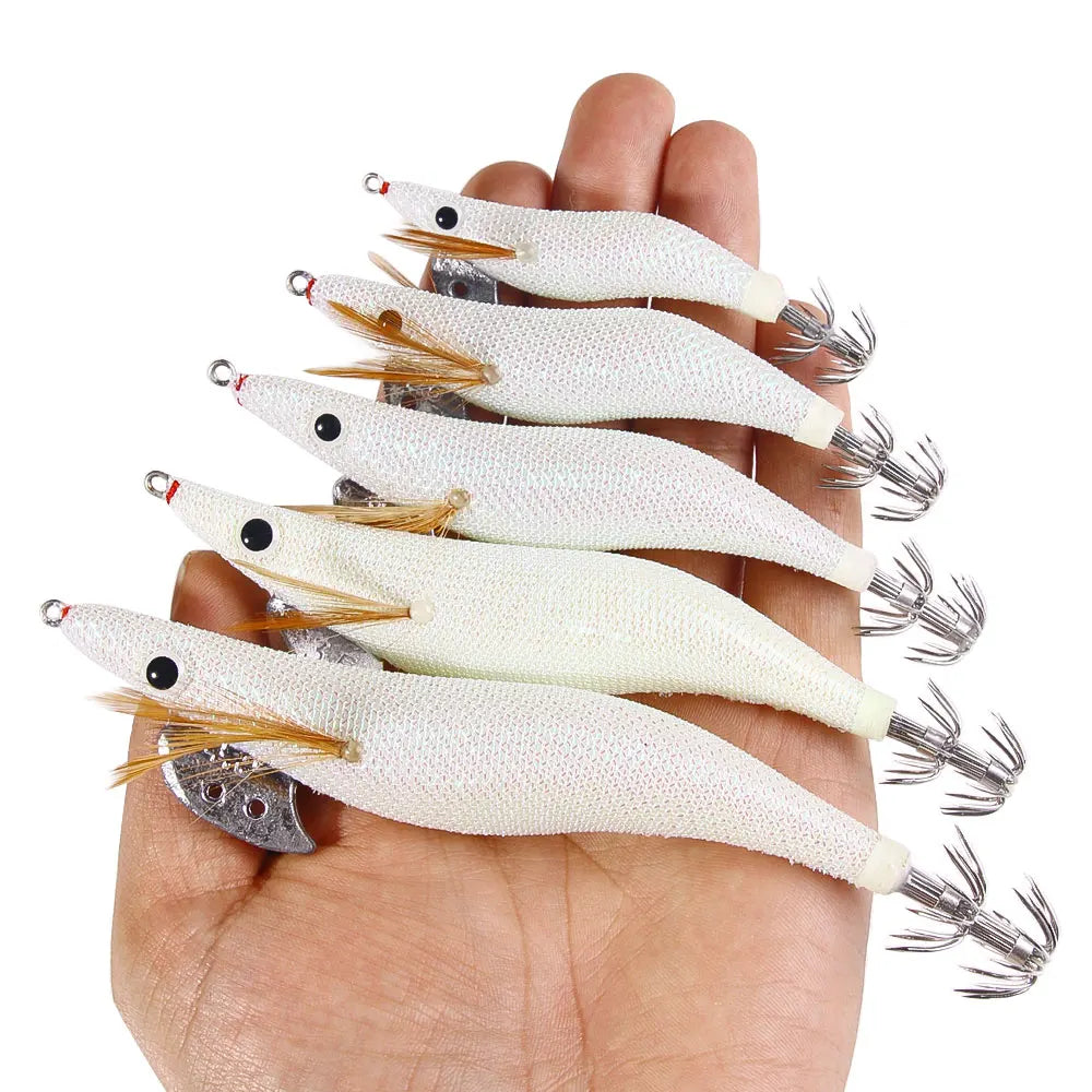 Luminous Squid Jig Fishing Lure 6.6g/12.5g/15.7g/21.6g Wood Shrimp Cuttlefish Jigs Lure for River Lake Ocean Beach Fishing