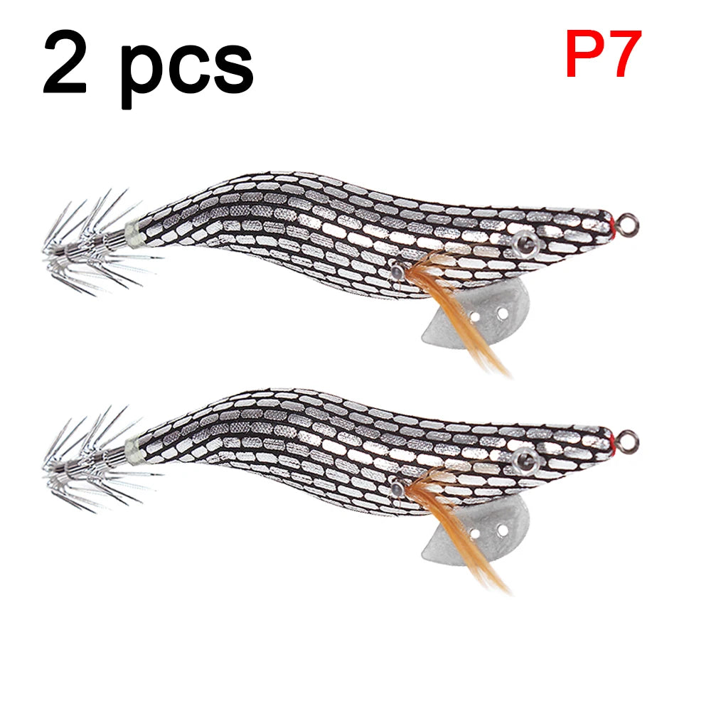 2 pcs Premium Wooden Fishing Lure Squid Jig Hook- Realistic Shrimp and Cuttlefish Design - Hard Bait for Saltwater and Freshwat