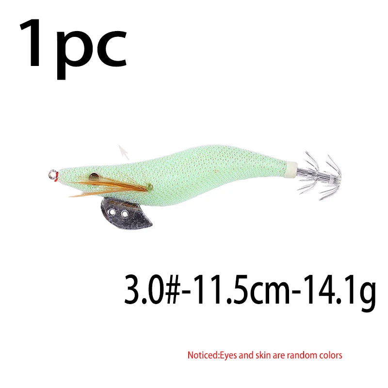 Luminous Squid Jig Fishing Lure 6.6g/12.5g/15.7g/21.6g Wood Shrimp Cuttlefish Jigs Lure for River Lake Ocean Beach Fishing