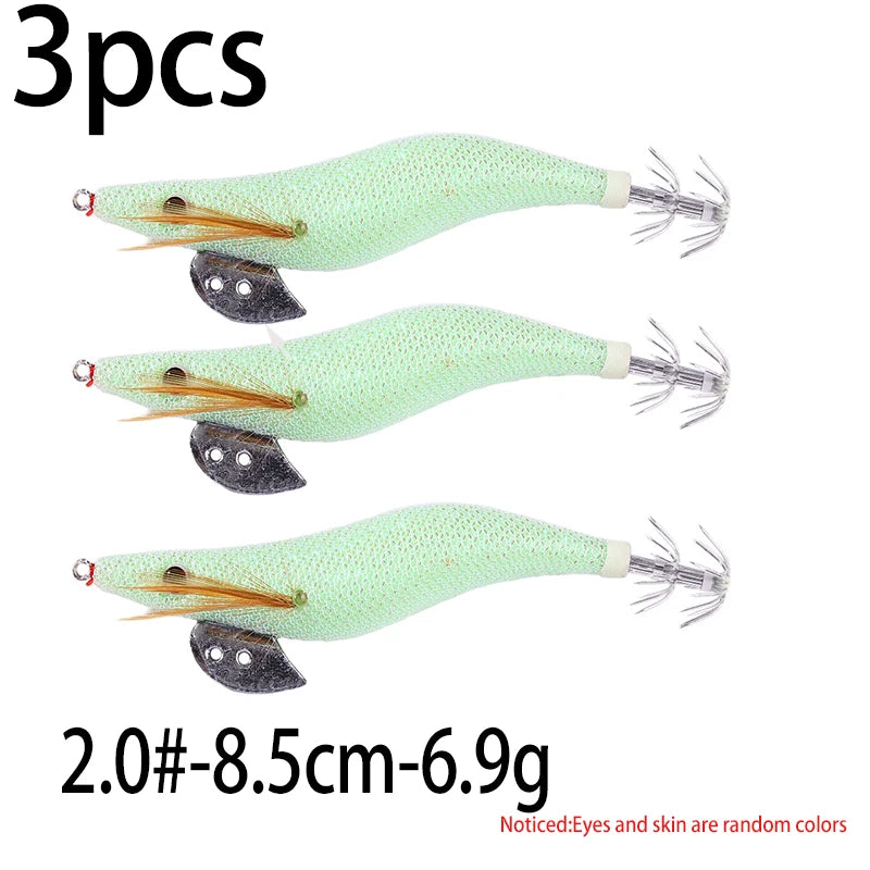 Luminous Squid Jig Fishing Lure 6.6g/12.5g/15.7g/21.6g Wood Shrimp Cuttlefish Jigs Lure for River Lake Ocean Beach Fishing