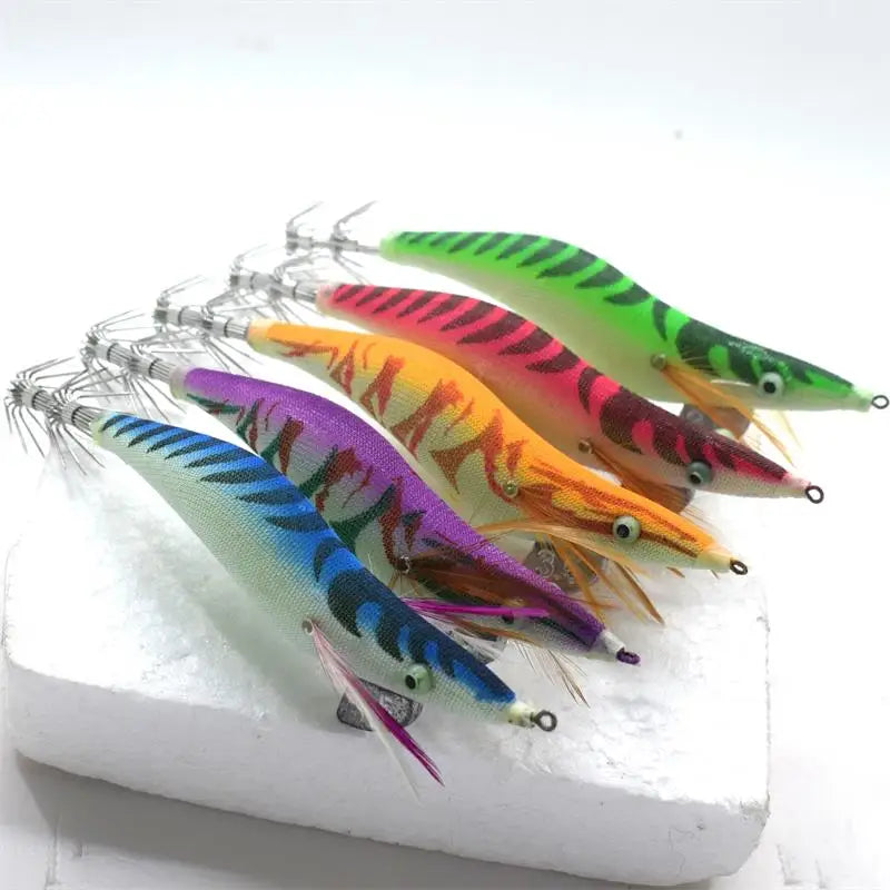 2 pcs Premium Wooden Fishing Lure Squid Jig Hook- Realistic Shrimp and Cuttlefish Design - Hard Bait for Saltwater and Freshwat