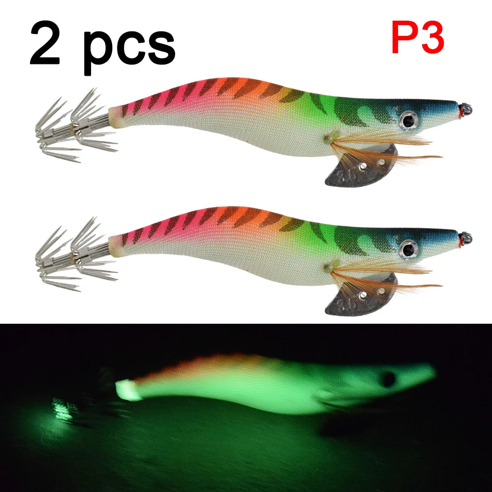 2 pcs Premium Wooden Fishing Lure Squid Jig Hook- Realistic Shrimp and Cuttlefish Design - Hard Bait for Saltwater and Freshwat