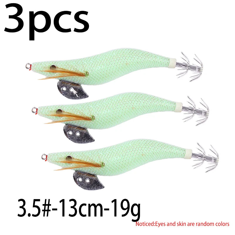 Luminous Squid Jig Fishing Lure 6.6g/12.5g/15.7g/21.6g Wood Shrimp Cuttlefish Jigs Lure for River Lake Ocean Beach Fishing
