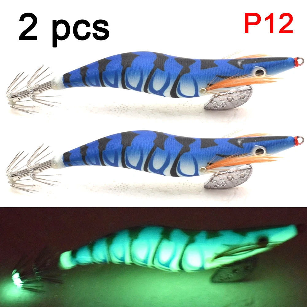 2 pcs Premium Wooden Fishing Lure Squid Jig Hook- Realistic Shrimp and Cuttlefish Design - Hard Bait for Saltwater and Freshwat