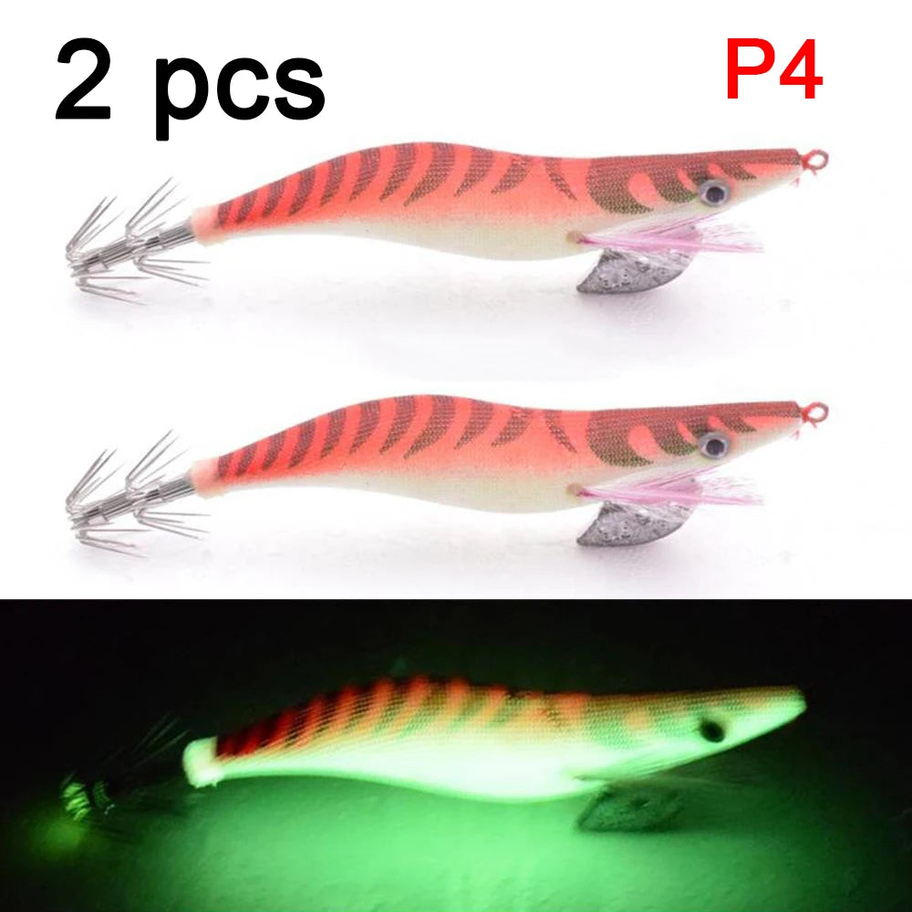 2 pcs Premium Wooden Fishing Lure Squid Jig Hook- Realistic Shrimp and Cuttlefish Design - Hard Bait for Saltwater and Freshwat