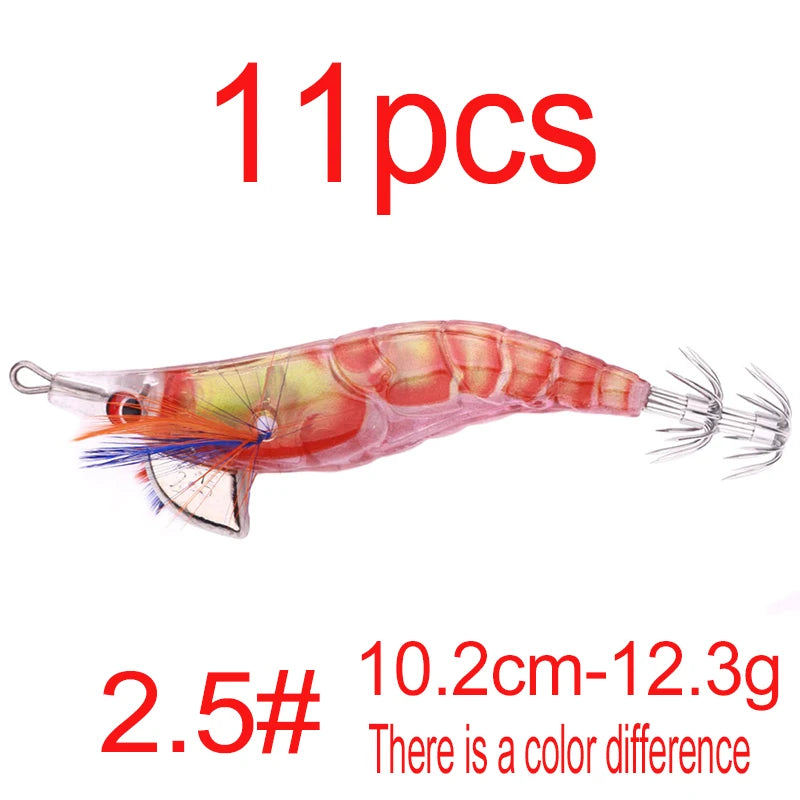 Luminous Squid Jig Fishing Lure 6.6g/12.5g/15.7g/21.6g Wood Shrimp Cuttlefish Jigs Lure for River Lake Ocean Beach Fishing