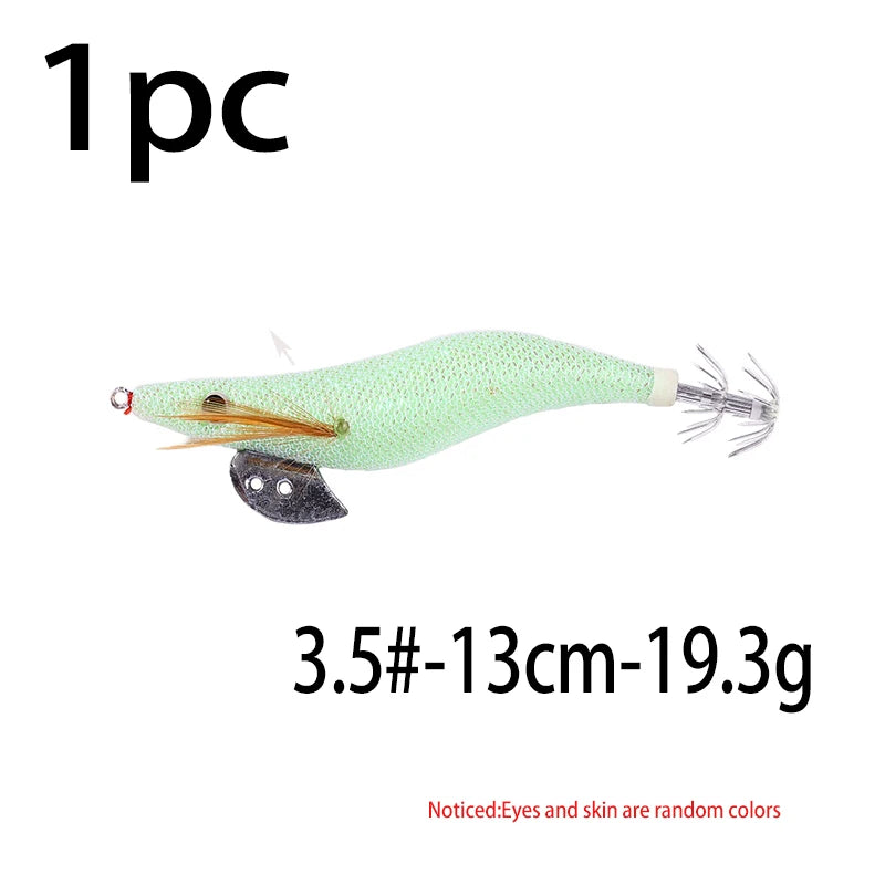 Luminous Squid Jig Fishing Lure 6.6g/12.5g/15.7g/21.6g Wood Shrimp Cuttlefish Jigs Lure for River Lake Ocean Beach Fishing